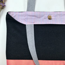 Load image into Gallery viewer, Handbag. Bag. Ex-designer dark grey wool fabric and metallic pink leather handbag.