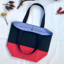Load image into Gallery viewer, Handbag. Bag. Navy blue and red cotton canvas handbag. Ex-designer fabrics.