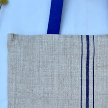 Load image into Gallery viewer, Tote bag. Vintage grain sack tote bag. Handwoven. Vertical blue stripes. Blue denim.