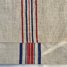 Load image into Gallery viewer, Tote bag. Vintage grain sack tote bag with leather straps. Vertical deep red stripes.