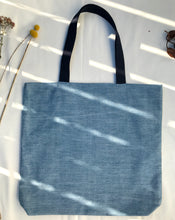 Load image into Gallery viewer, Tote bag. Vintage grain sack and light blue denim tote bag. A two-fabric tote bag.