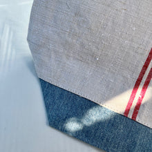 Load image into Gallery viewer, Tote Bag. Vintage French linen fabric with a light blue denim bottom.