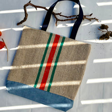 Load image into Gallery viewer, Tote bag. Vintage grain sack tote bag. Vertical green and orange stripes.