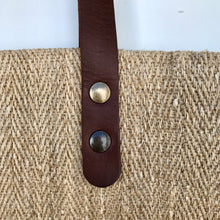 Load image into Gallery viewer, Tote bag. Vintage grain sack tote bag with brown leather straps. Handwoven. Vertical red and leather white stripes.