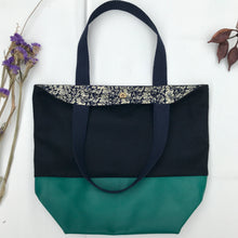 Load image into Gallery viewer, Handbag. Bag. Ex-designer navy blue wool fabric and green leather bag.