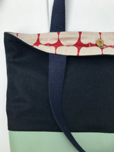 Load image into Gallery viewer, Handbag. Bag. Ex designer navy blue wool fabric and light mint green leather bag.