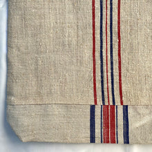 Load image into Gallery viewer, Tote bag. Vintage grain sack tote bag with leather straps. Vertical deep red stripes.