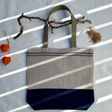 Load image into Gallery viewer, One of a kind bag. Tote Bag. French linen fabric with a dark blue denim bottom.