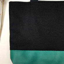 Load image into Gallery viewer, Handbag. Bag. Ex-designer navy blue wool fabric and green leather bag.
