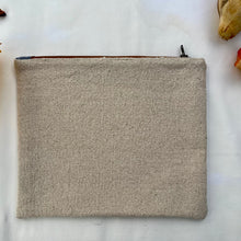Load image into Gallery viewer, Cream woven canvas pouch with two horizontal grey stripes. YKK zip. Zippered purse. Zippered pouch. YKK zipper.