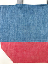 Load image into Gallery viewer, Handbag. Light blue denim and red denim handbag.