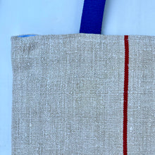 Load image into Gallery viewer, Tote bag. Vintage grain sack tote bag. Handwoven. Vertical red stripes (linen). Dark blue denim.