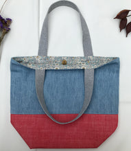 Load image into Gallery viewer, Handbag. Light blue denim and red denim handbag.