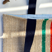 Load image into Gallery viewer, Tote bag. Vintage grain sack tote bag. Vertical green and orange stripes.