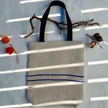 Load image into Gallery viewer, Tote bag. Vintage grain sack tote bag. Handwoven. Horizontal Blue stripe. 100% linen.
