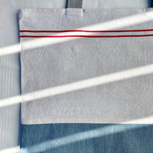 Load image into Gallery viewer, Tote bag. Vintage red striped linen tea towel tote with a light blue denim bottom.