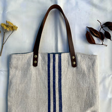 Load image into Gallery viewer, Tote bag. Vintage grain sack tote bag with leather straps. Vertical deep red stripes.