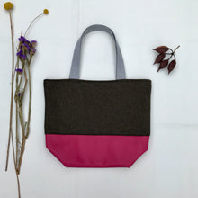 Load image into Gallery viewer, Handbag. Bag. Ex-designer olive green wool fabric and soft fuchsia leather handbag.