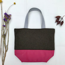 Load image into Gallery viewer, Handbag. Bag. Ex-designer olive green wool fabric and soft fuchsia leather handbag.
