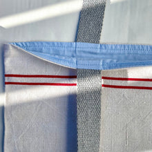 Load image into Gallery viewer, Tote bag. Vintage red striped linen tea towel tote with a light blue denim bottom.
