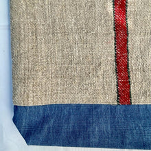 Load image into Gallery viewer, Tote bag. Vintage grain sack tote bag. Vertical green and red stripes.
