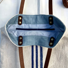 Load image into Gallery viewer, Tote bag. Vintage grain sack tote bag with leather straps. Vertical deep red stripes.