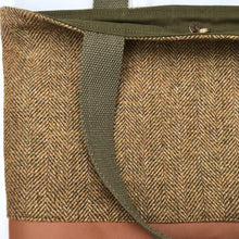 Load image into Gallery viewer, Handbag. Bag. English wool herringbone and camel brown leather handbag.