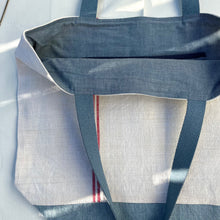 Load image into Gallery viewer, Tote Bag. Vintage French linen fabric with a light blue denim bottom.