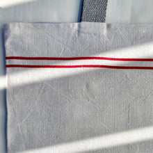 Load image into Gallery viewer, Tote bag. Vintage red striped linen tea towel tote with a light blue denim bottom.