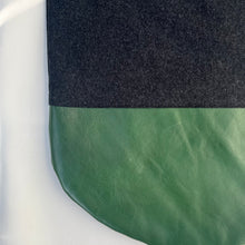 Load image into Gallery viewer, Tote bag. Dark grey wool tote with a green leather round bottom.