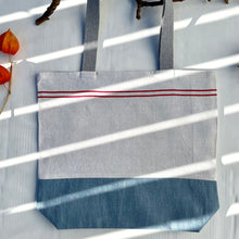 Load image into Gallery viewer, Tote bag. Vintage red striped linen tea towel tote with a light blue denim bottom.