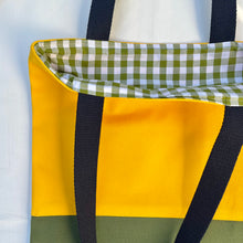 Load image into Gallery viewer, Tote bag. Canary yellow and khaki green cotton canvas tote bag. Lined with a green gingham pattern cotton fabric.
