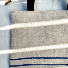 Load image into Gallery viewer, Tote bag. Vintage grain sack tote bag. Handwoven. Horizontal Blue stripe. 100% linen.