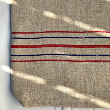 Load image into Gallery viewer, Tote bag. Vintage grain sack and light blue denim tote bag. A two-fabric tote bag.