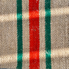 Load image into Gallery viewer, Tote bag. Vintage grain sack tote bag. Vertical green and orange stripes.