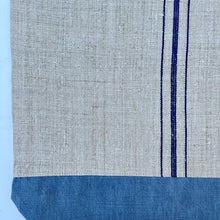 Load image into Gallery viewer, Tote bag. Vintage grain sack tote bag. Handwoven. Vertical blue stripes. Blue denim.
