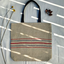 Load image into Gallery viewer, Tote bag. Vintage grain sack and light blue denim tote bag. A two-fabric tote bag.
