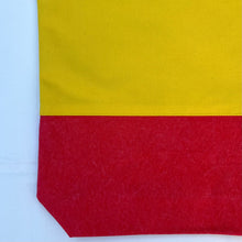 Load image into Gallery viewer, Tote bag. Vibrant yellow and red cotton canvas tote bag. Lined with a royal blue pattern cotton fabric.