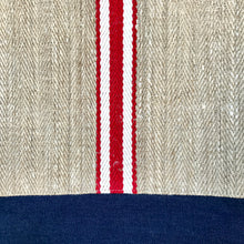 Load image into Gallery viewer, Tote bag. Vintage grain sack tote bag with brown leather straps. Handwoven. Vertical red and leather white stripes.