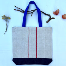 Load image into Gallery viewer, Tote bag. Vintage grain sack tote bag. Handwoven. Vertical red stripes (linen). Dark blue denim.