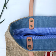 Load image into Gallery viewer, Tote bag. Vintage grain sack tote bag with brown leather straps. Handwoven. Vertical red and leather white stripes.