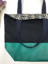 Load image into Gallery viewer, Handbag. Bag. Ex-designer navy blue wool fabric and green leather bag.