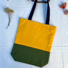 Load image into Gallery viewer, Tote bag. Canary yellow and khaki green cotton canvas tote bag. Lined with a green gingham pattern cotton fabric.