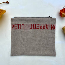 Load image into Gallery viewer, "Bon appetit" French linen and light blue denim fabric pouch. Zippered purse. Zippered pouch. YKK metal zipper.