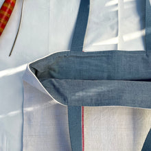 Load image into Gallery viewer, Tote Bag. Vintage French linen fabric with a light blue denim bottom.