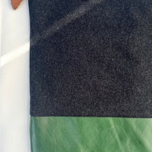 Load image into Gallery viewer, Tote bag. Dark grey wool tote with a green leather round bottom.