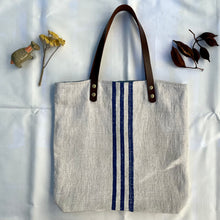 Load image into Gallery viewer, Tote bag. Vintage grain sack tote bag with leather straps. Vertical deep red stripes.
