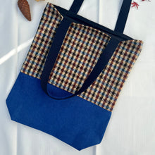 Load image into Gallery viewer, Tote bag. Ex designer check wool fabric tote bag with a royal blue cotton denim bottom.
