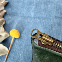 Load image into Gallery viewer, Navy blue wool and green leather pouch. 2-material pouch with YKK zip. Zippered purse. Zippered pouch.
