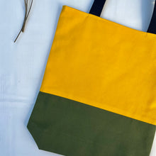 Load image into Gallery viewer, Tote bag. Canary yellow and khaki green cotton canvas tote bag. Lined with a green gingham pattern cotton fabric.